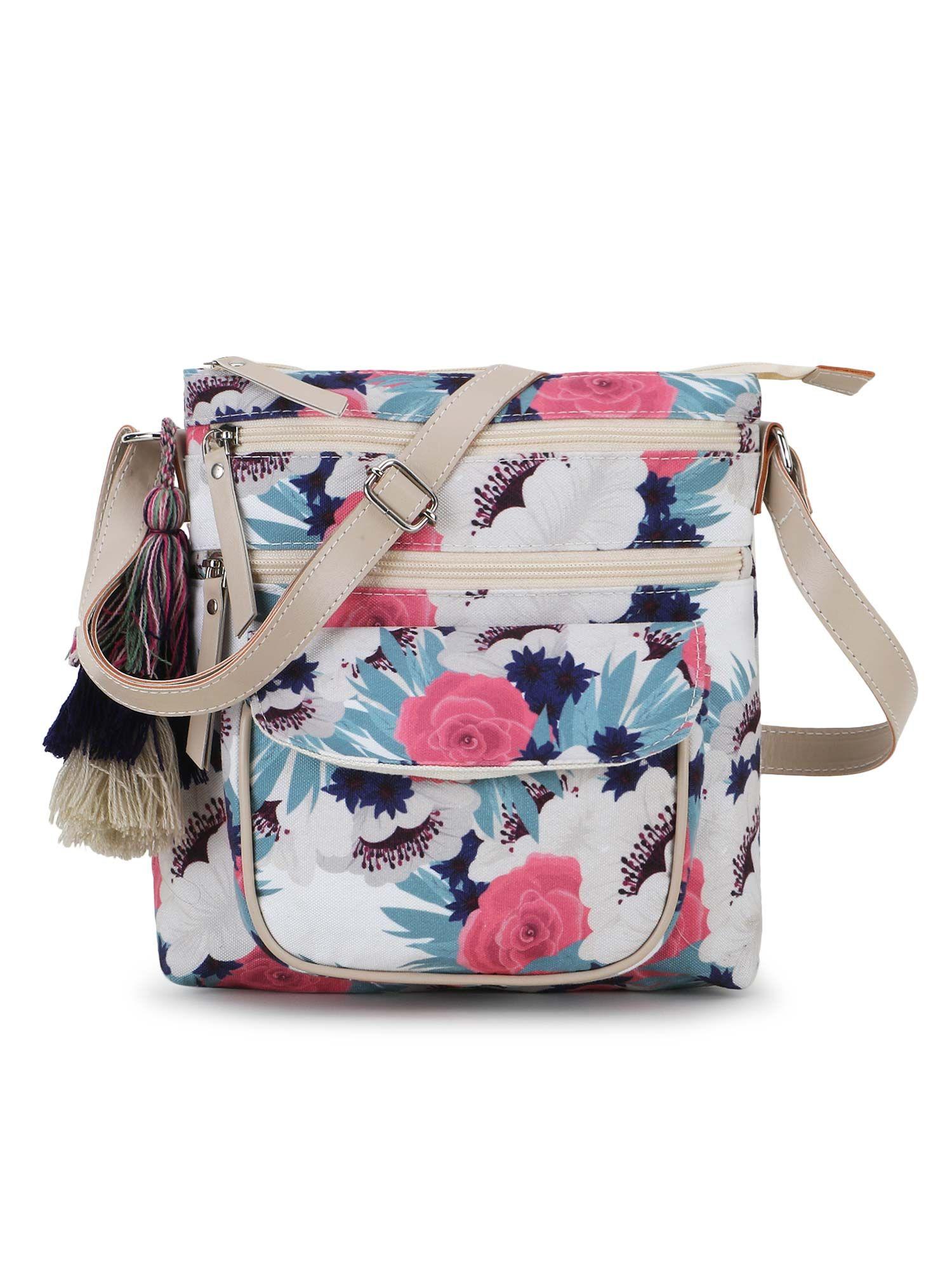 rangoli cream & multi polycotton & canvas floral digital printed sling bag