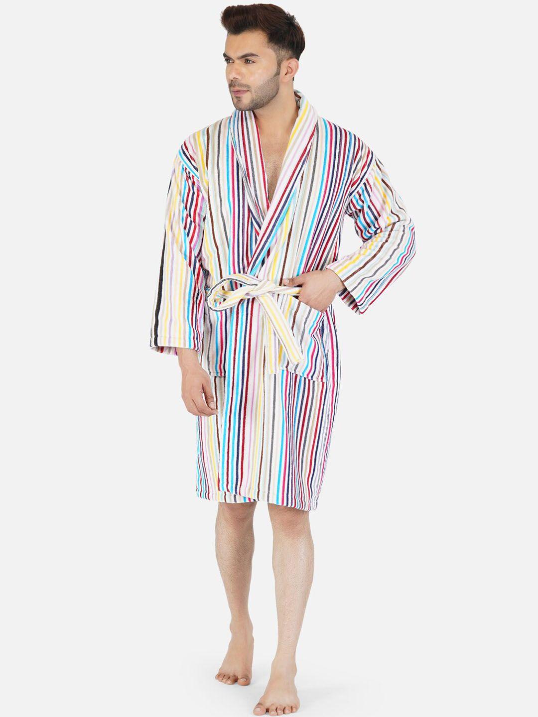 rangoli men multicoloured striped 400 gsm pure bath robe with slippers