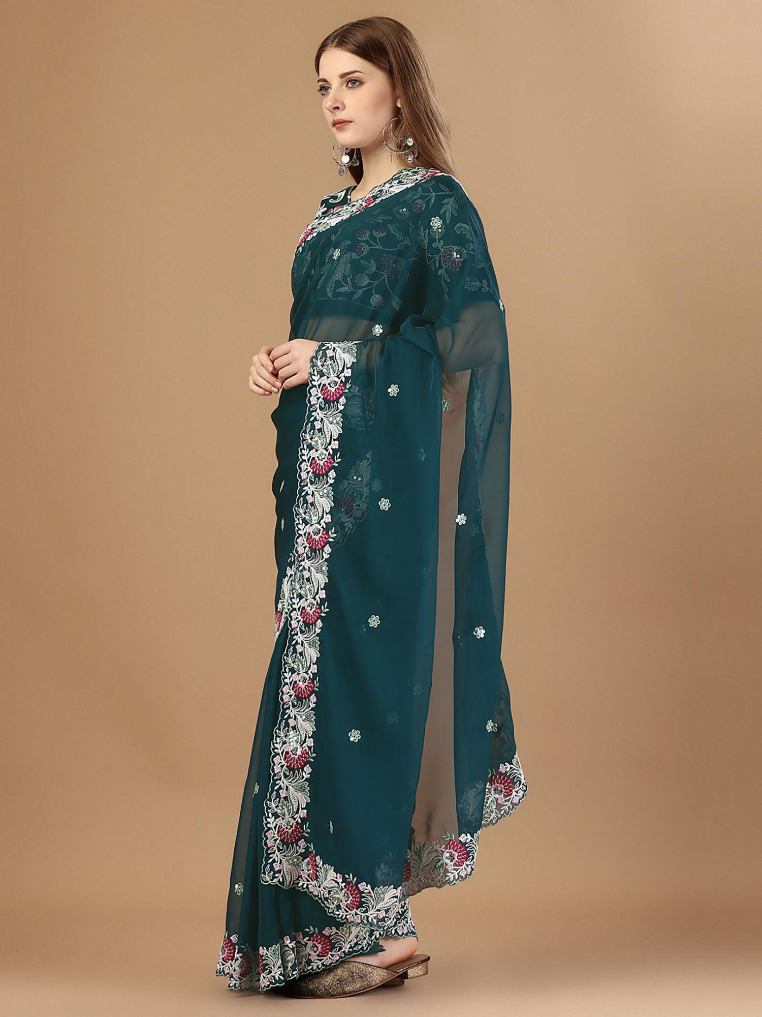 rangoli silk teal saree embroidery heavy embroidered with unstitched blouse