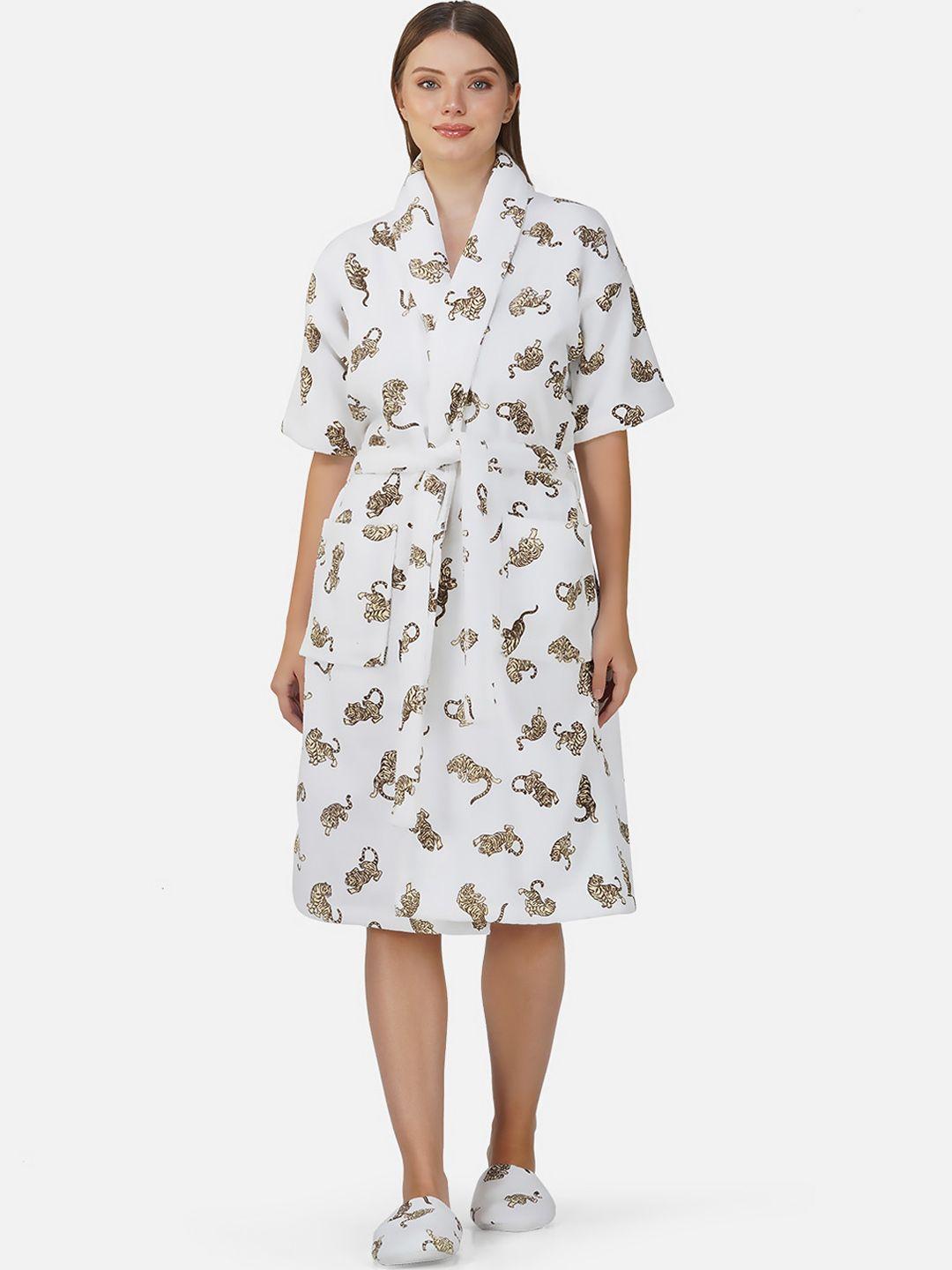 rangoli white printed cotton bath robe with matching slippers
