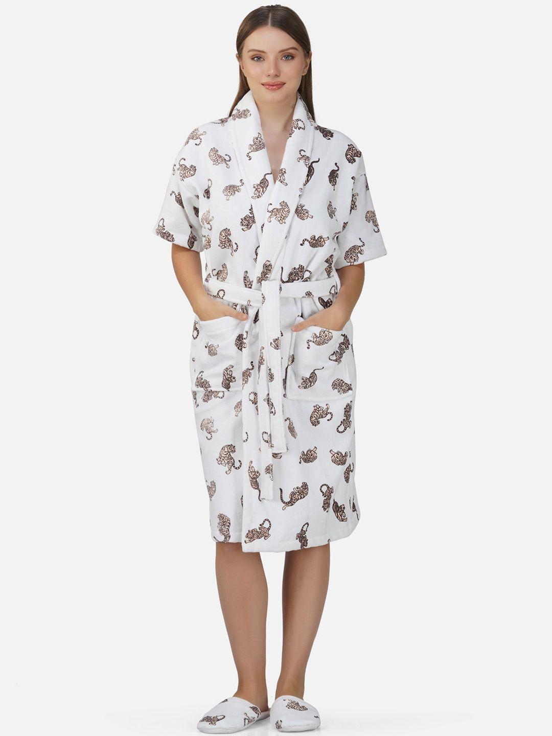 rangoli white shawl collar printed cotton bath robe with matching slippers