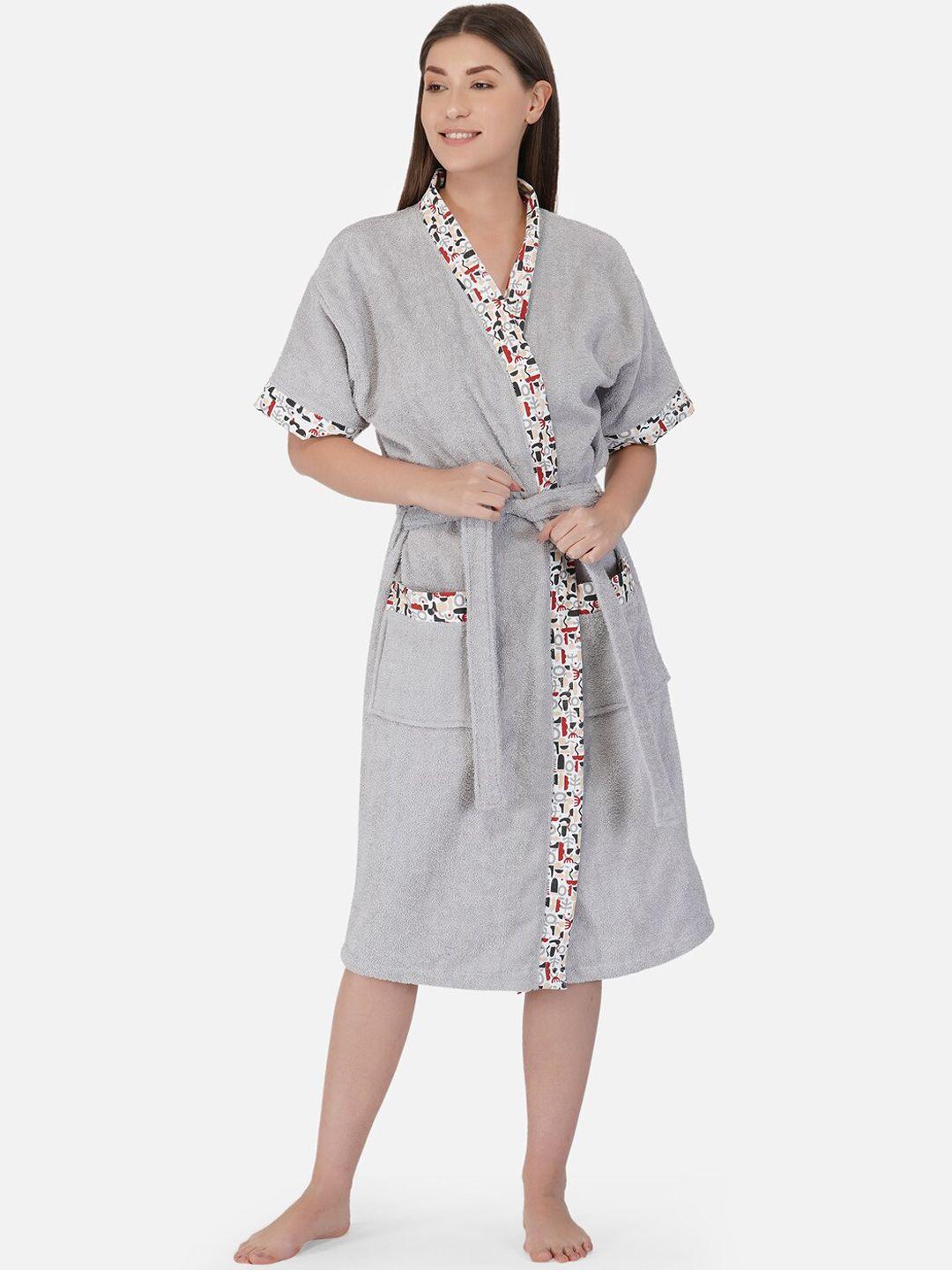 rangoli women grey 420 gsm pure cotton bath robe with slippers