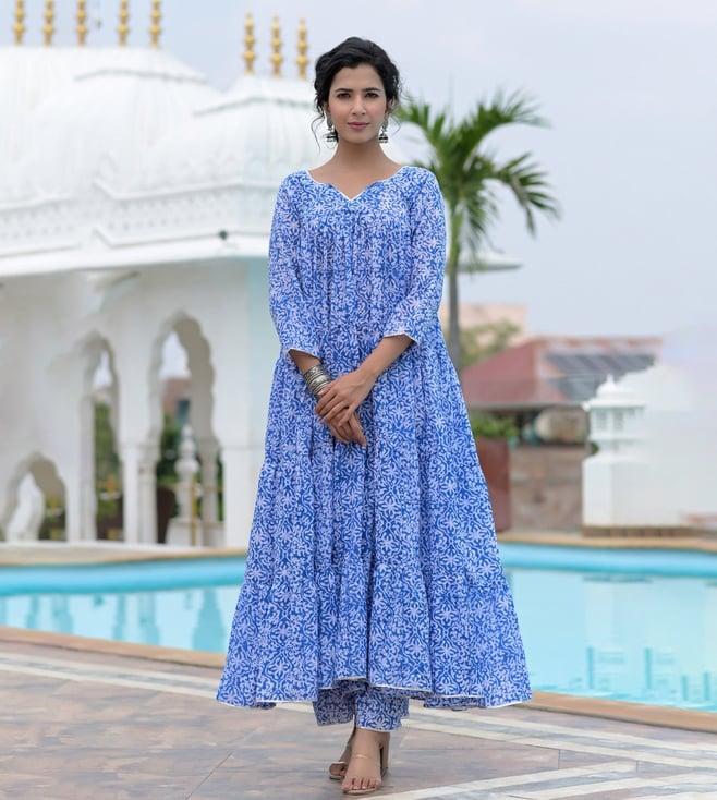 rangpur blue block print anarkali with palazzo