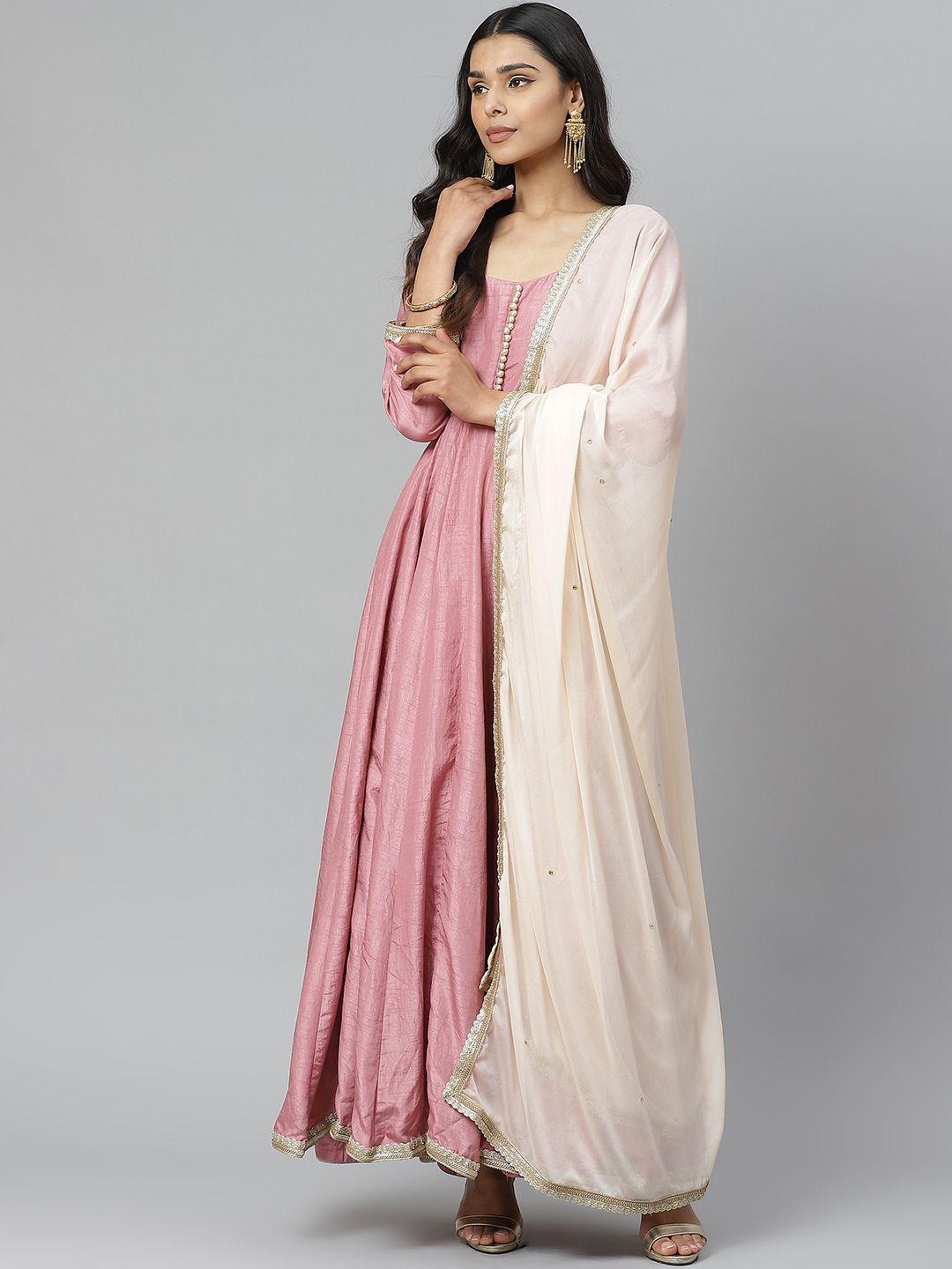 rangpur women mauve & off-white solid pleated maxi dress with embellished dupatta