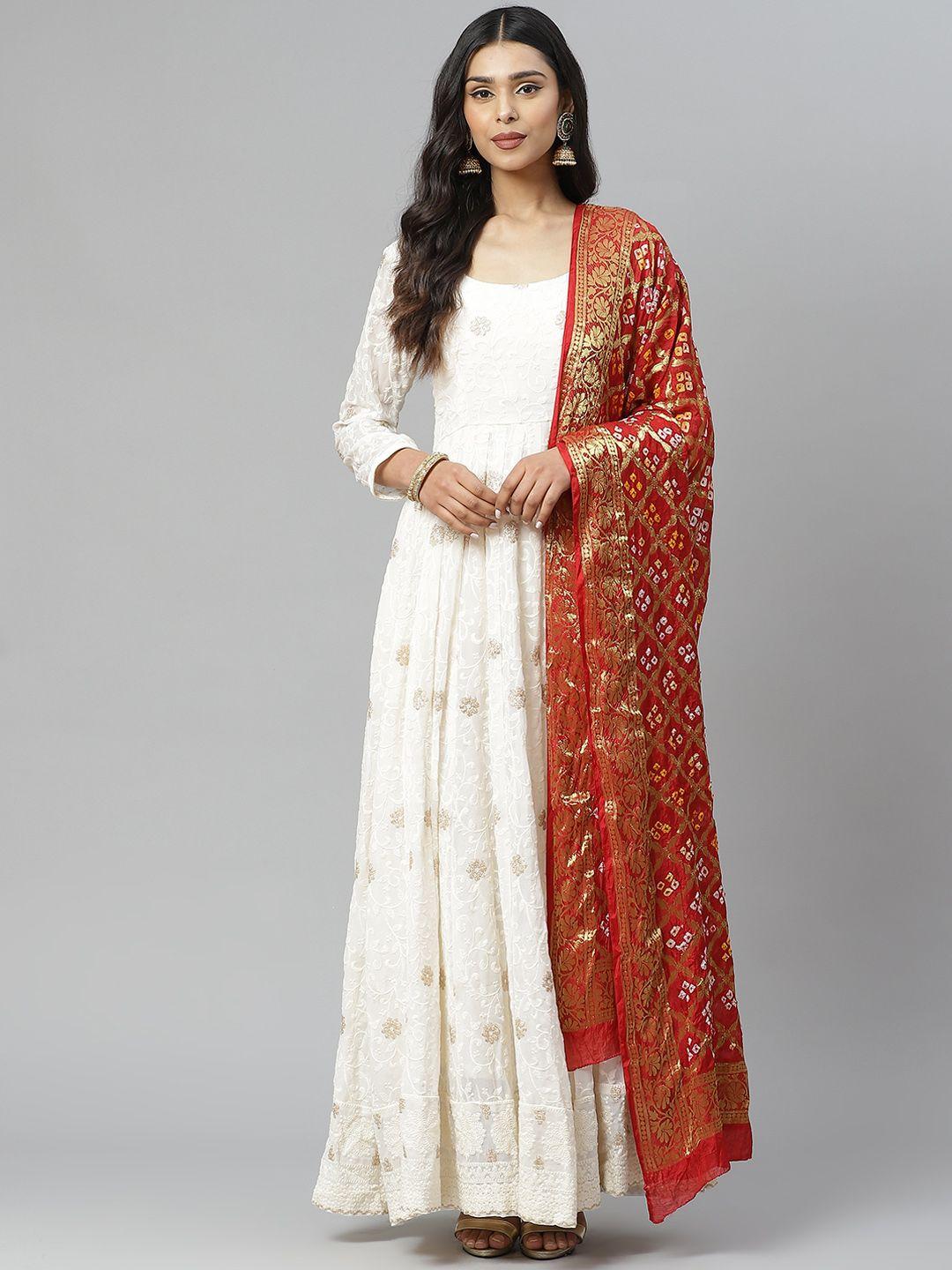 rangpur women off-white & golden chikankari embroidered maxi dress with printed dupatta