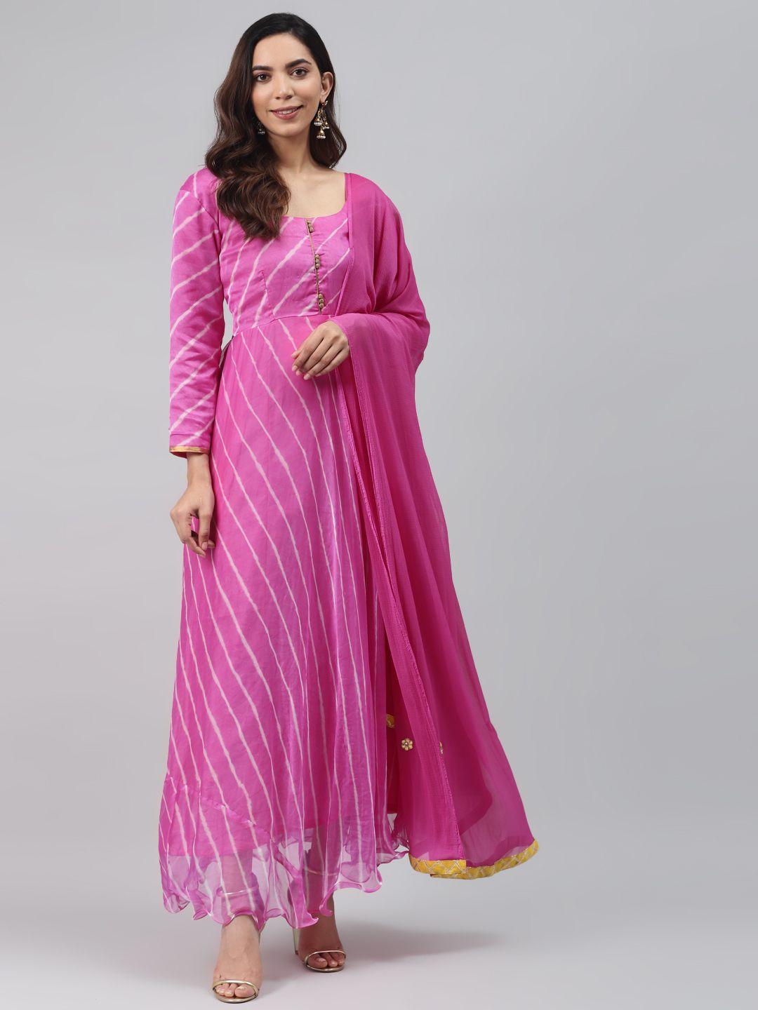 rangpur women pink & off-white leheriya print maxi anarkali dress & dupatta