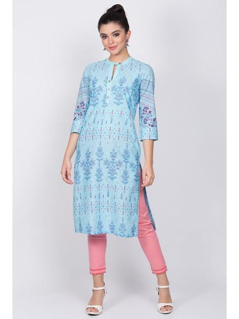 rangriti sky blue cotton printed straight kurti
