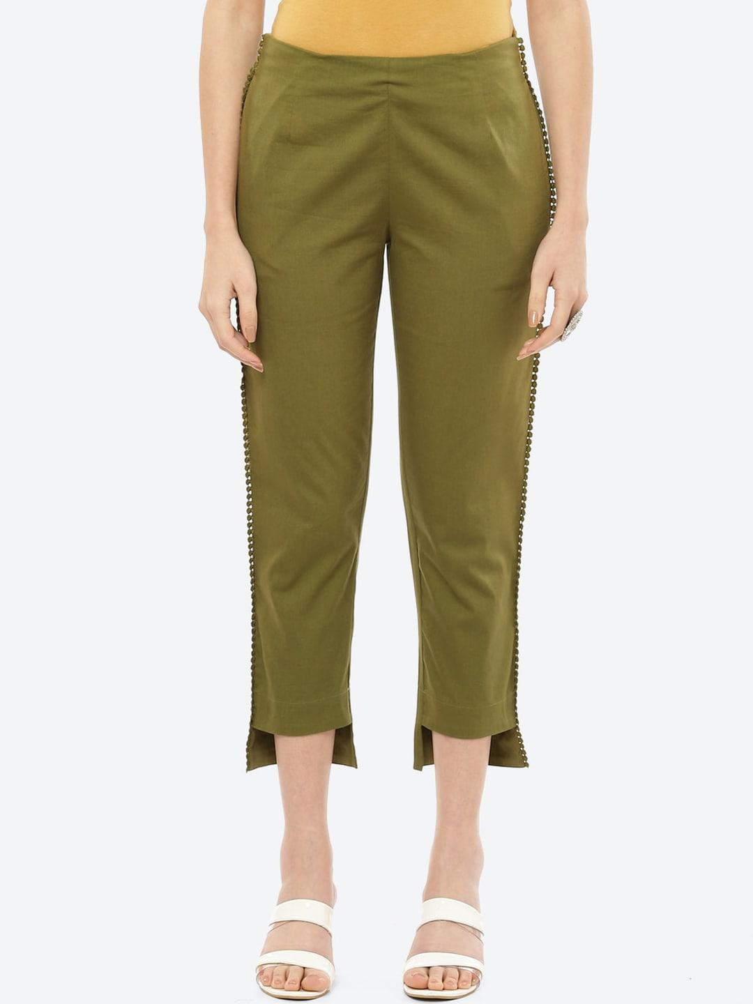 rangriti women olive green solid slim fit trousers