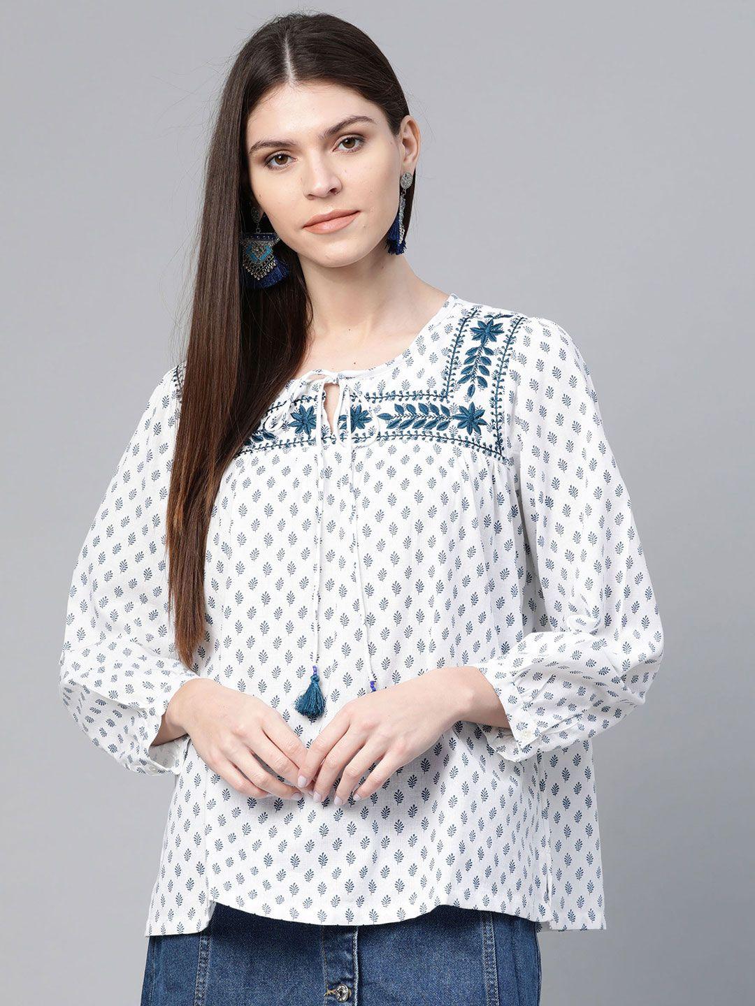 rangriti women white & teal blue embroidered ethnic printed top