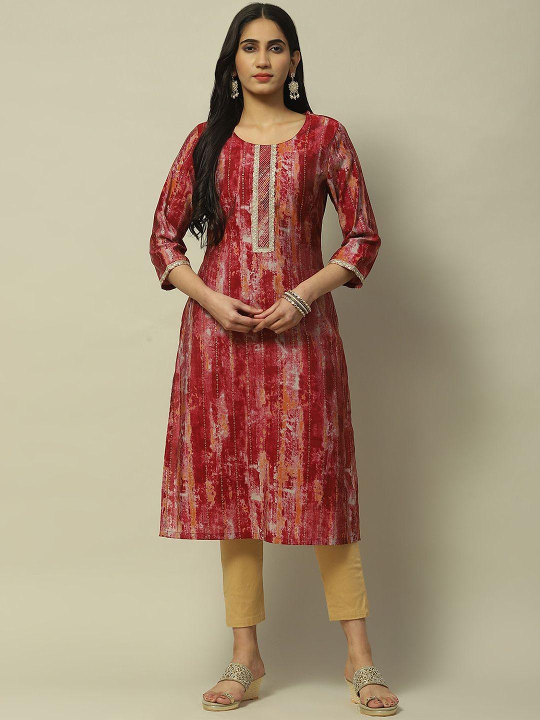 rangriti abstract printed thread work regular round neck straight kurta