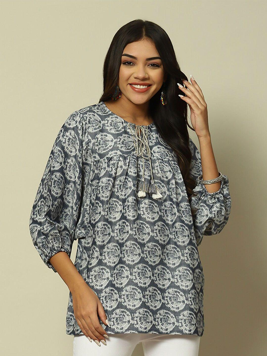 rangriti abstract printed tie up neck cotton top