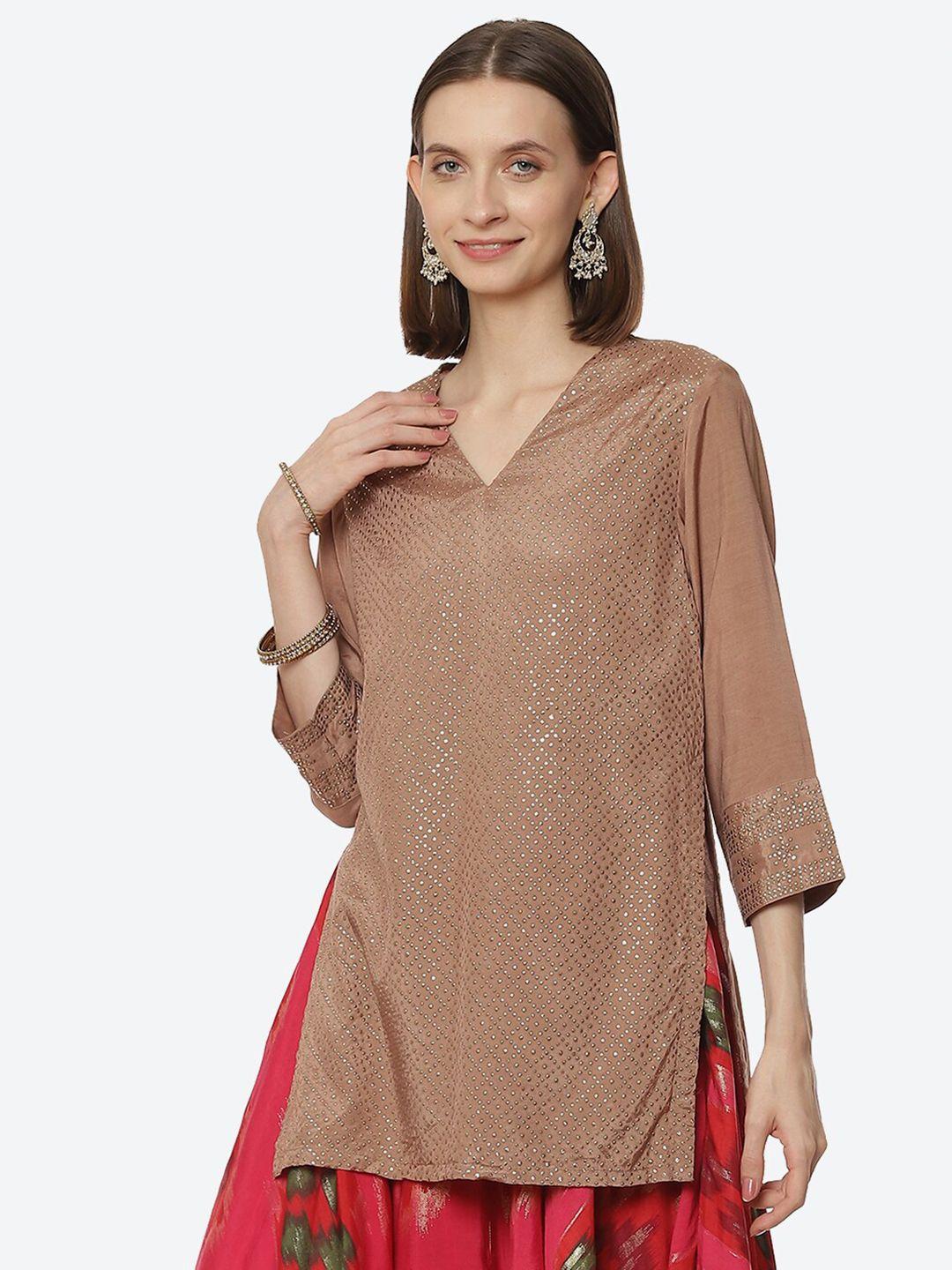 rangriti beige embellished v-neck kurti