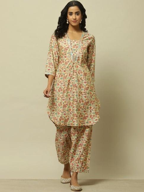 rangriti beige printed kurta palazzo set