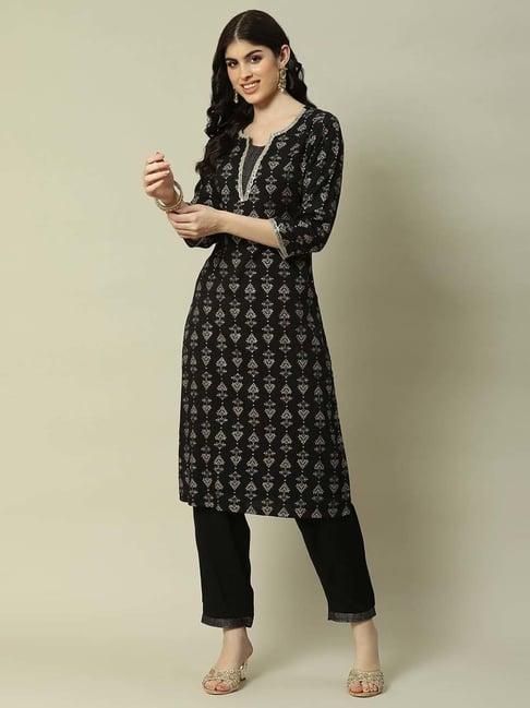 rangriti black cotton printed kurta pant set