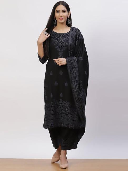 rangriti black embroidered kurta pant set with dupatta