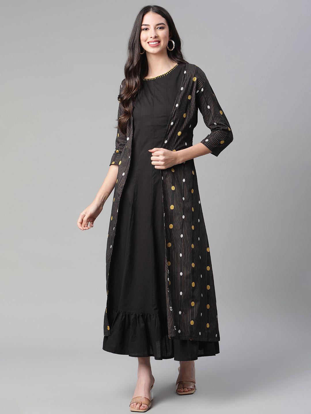 rangriti black layered ethnic style cotton a-line maxi dress