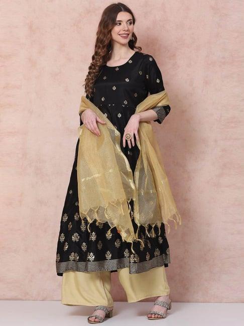 rangriti black printed a line kurta with dupatta