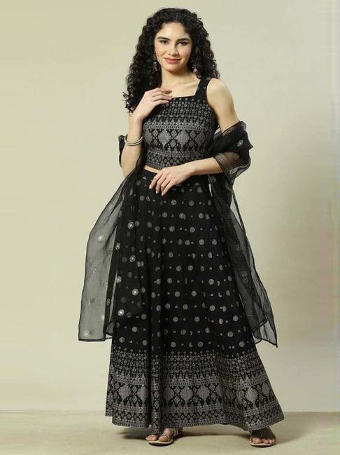 rangriti black printed crop top and skirt set with dupatta
