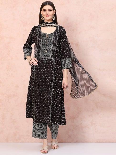 rangriti black printed kurta palazzo set with dupatta