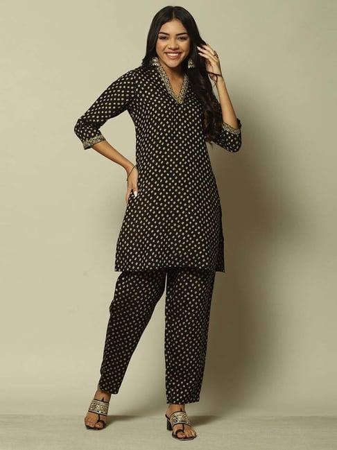 rangriti black printed kurti pant set