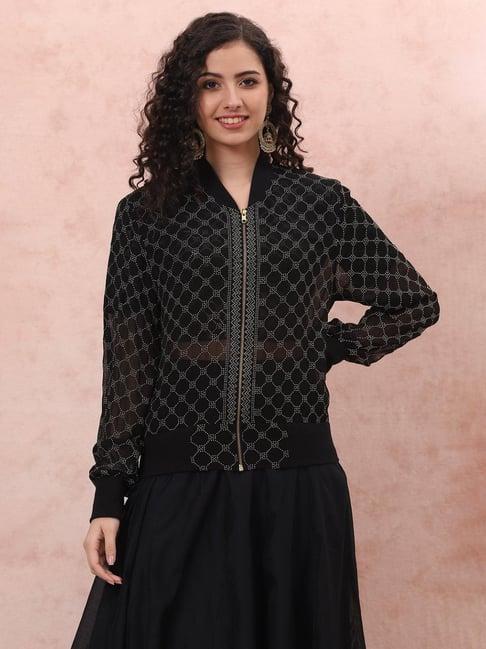 rangriti black printed top skirt set with jacket