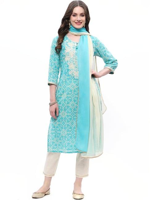 rangriti blue & off-white cotton embroidered kurta pant set with dupatta