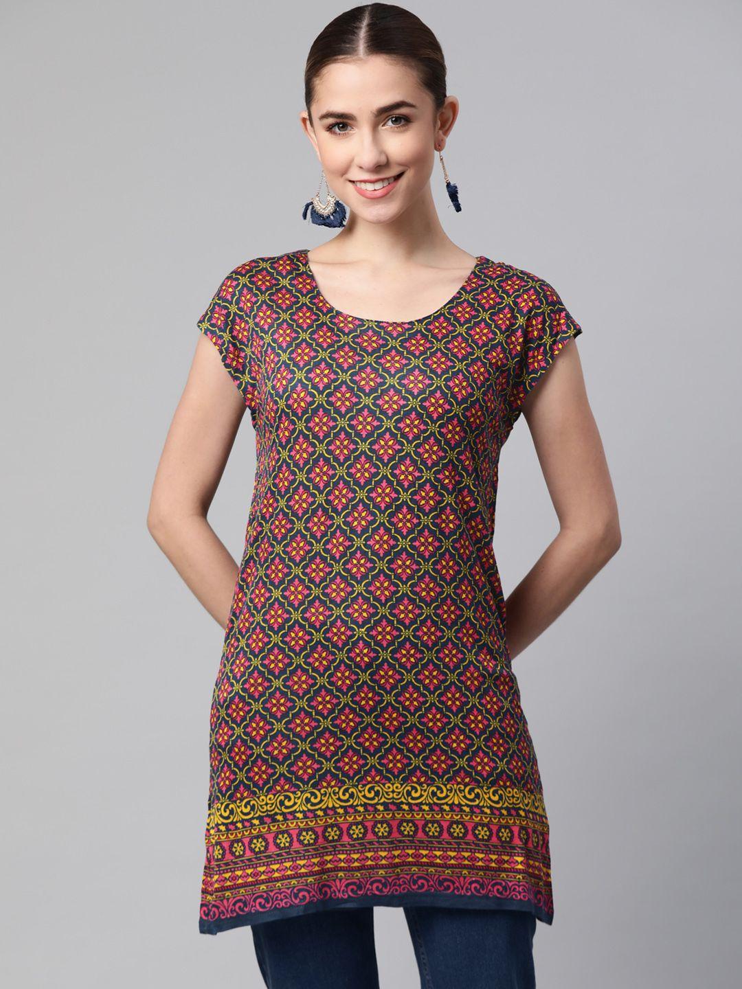 rangriti blue & pink ethnic motifs printed kurti