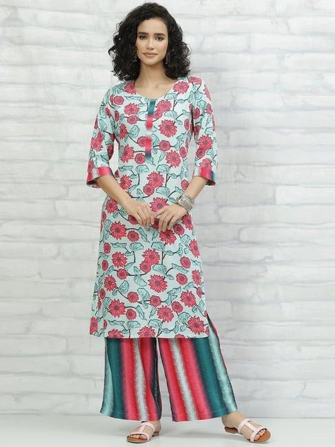 rangriti blue & pink printed kurta palazzo set