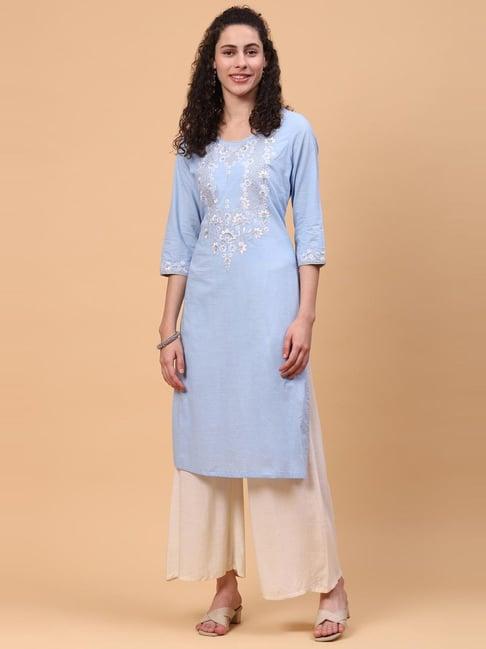 rangriti blue cotton embroidered straight kurta