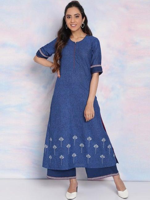 rangriti blue cotton printed a line kurta