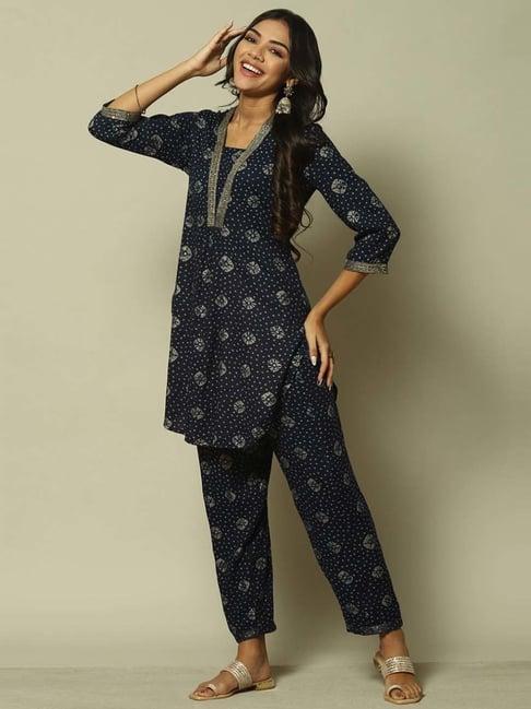 rangriti blue cotton printed kurti pant set