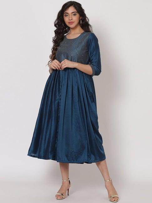 rangriti blue embellished a-line dress