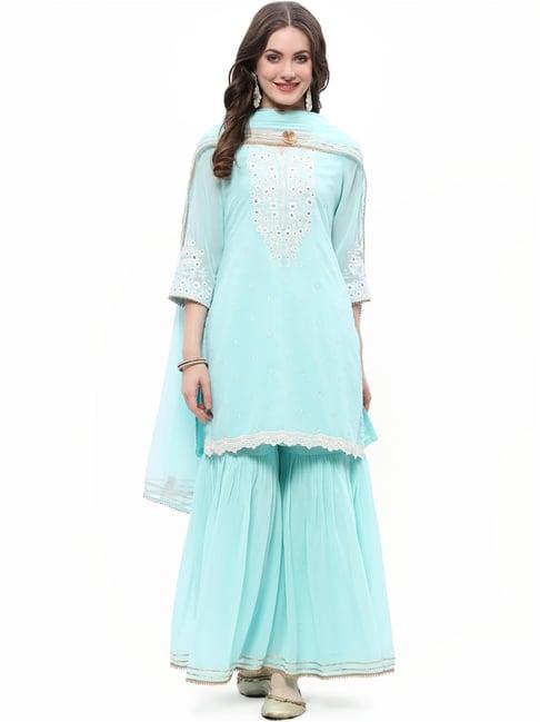 rangriti blue embroidered kurti palazzo set with dupatta