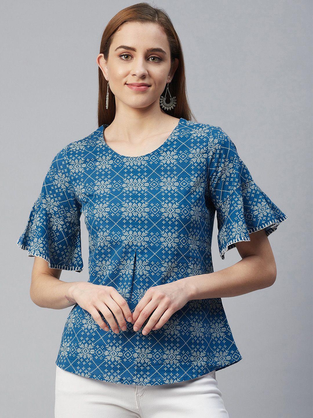 rangriti blue geometric printed pure cotton kurti