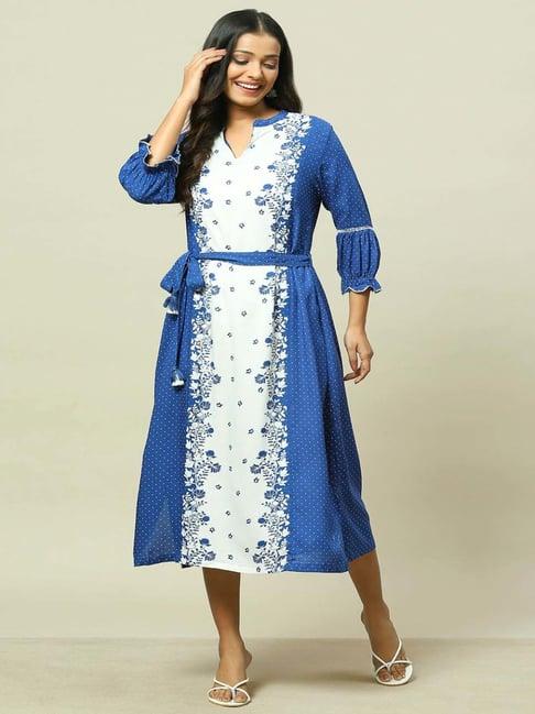 rangriti blue printed a-line dress