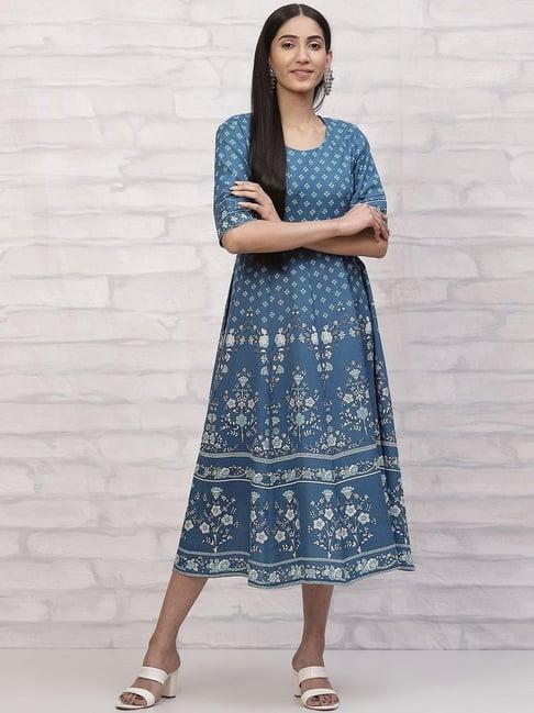 rangriti blue printed a-line dress