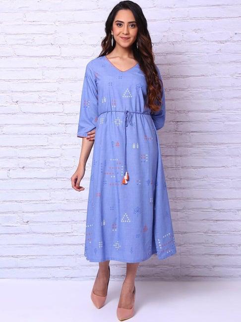 rangriti blue printed a-line dress