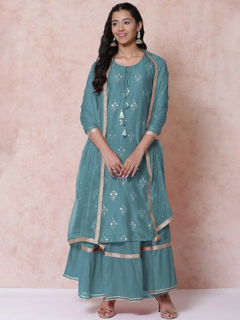 rangriti blue printed kurta & bottom set with dupatta