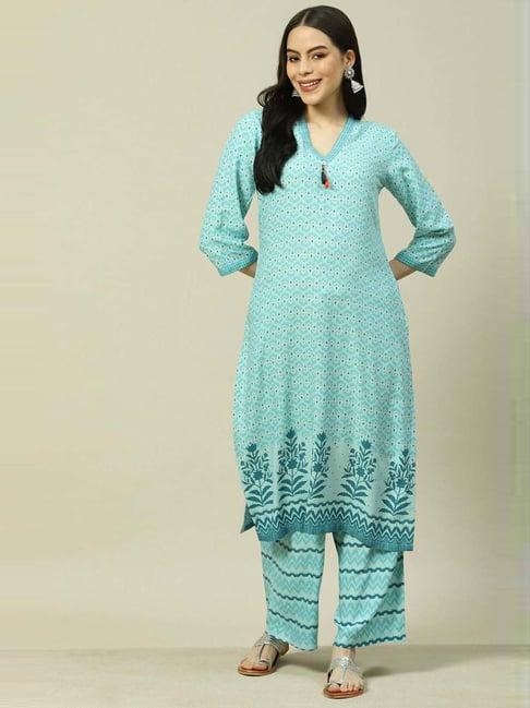 rangriti blue printed kurta and palazzo set