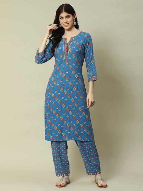 rangriti blue printed kurta pant set