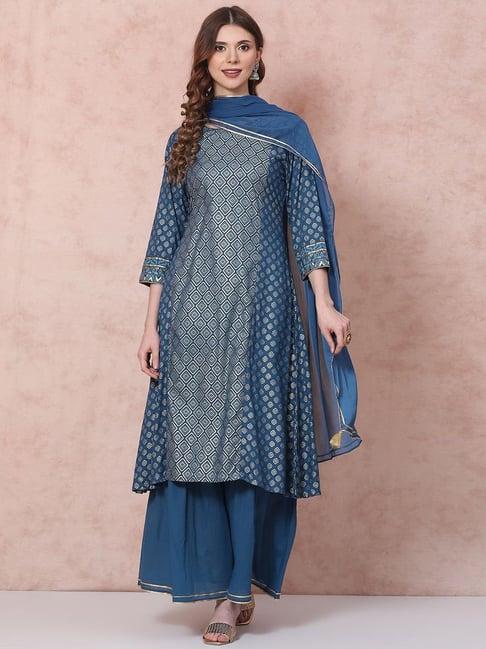 rangriti blue printed kurta sharara set with dupatta