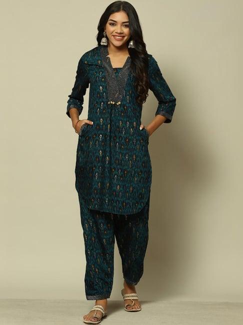 rangriti blue printed kurti pant set