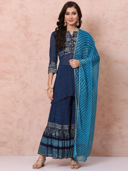 rangriti blue printed kurti sharara set with dupatta