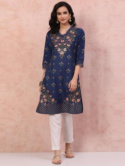 rangriti blue printed straight kurta