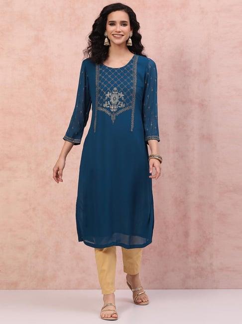 rangriti blue printed straight kurta