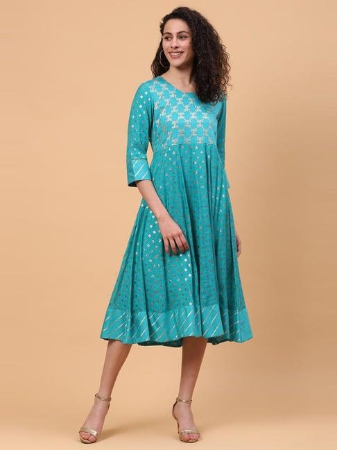 rangriti blue woven pattern flared kurta