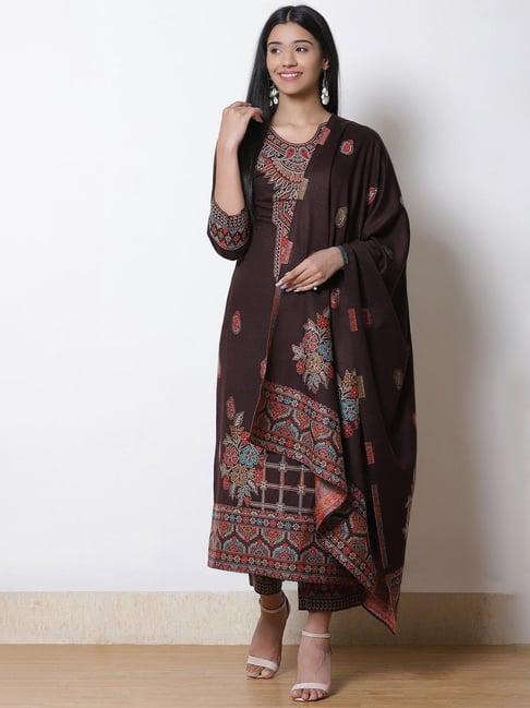 rangriti chocolate embroidered kurta & bottom set with dupatta