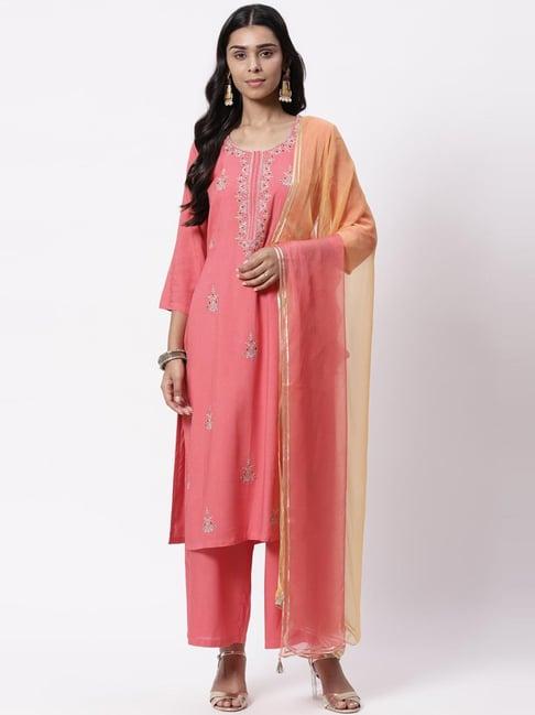 rangriti coral embroidered kurta palazzo set with dupatta