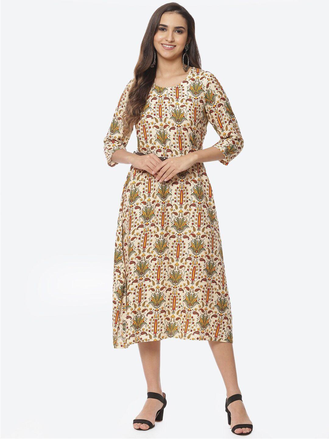 rangriti cream-coloured & green floral ethnic a-line midi dress