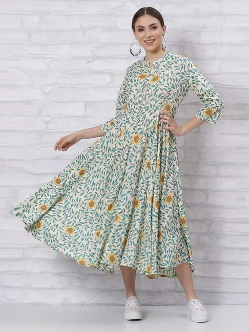 rangriti cream printed a-line dress